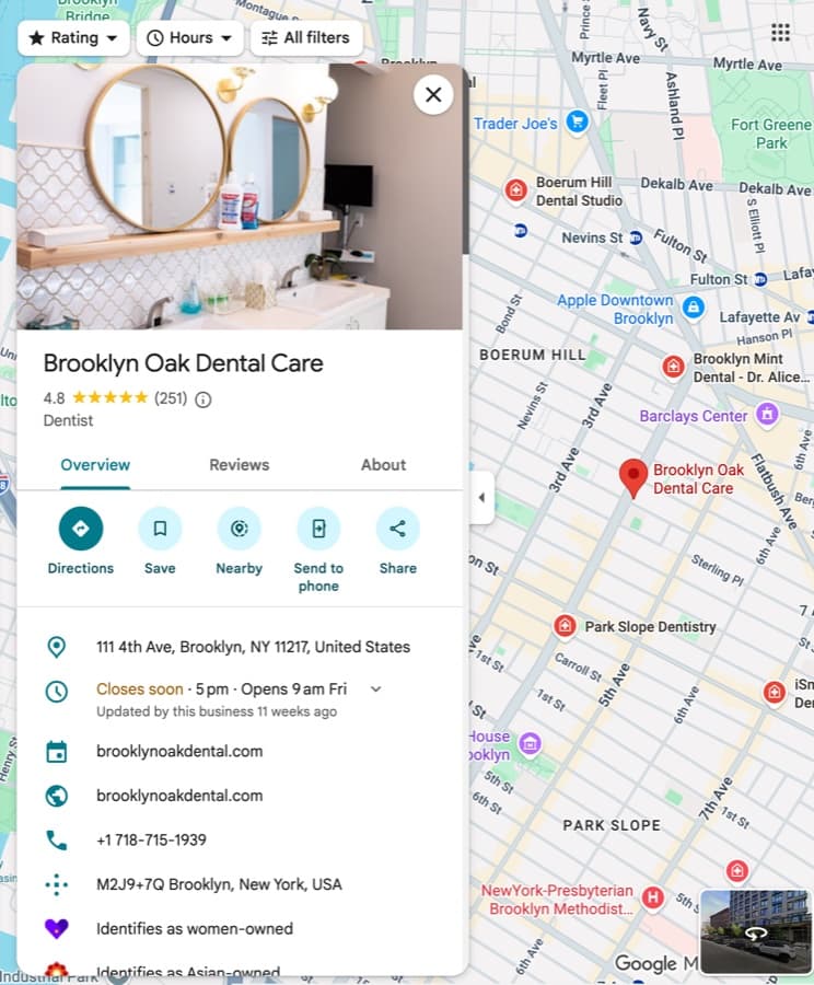 Google Maps place panel for a dental practice — photo, rating, address, opening hours, website and phone
