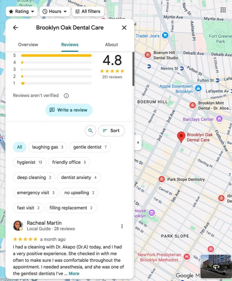 Google Maps reviews panel — 4.8 rating histogram, review topic chips and a five-star customer review