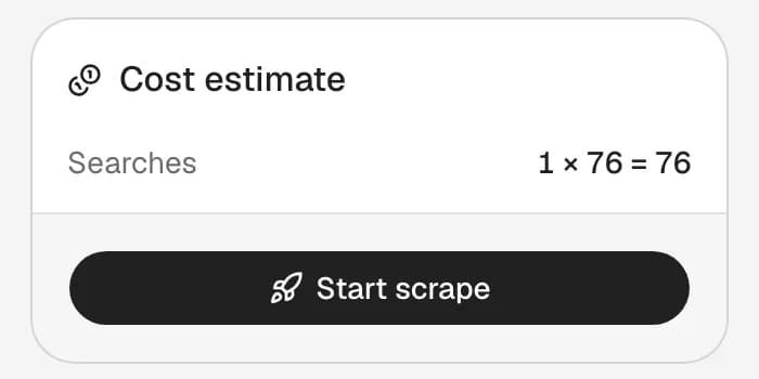 The Cost estimate card: one search for each of San Diego's 76 zip codes, and the black Start scrape button below