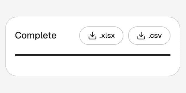A finished scrape marked Complete, with its .xlsx and .csv download buttons